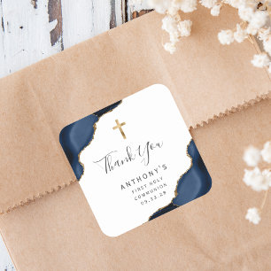 Navy Blue Agaat Eerste Heilige Communie Dank u Vierkante Sticker