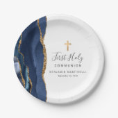 Navy Blue Agaat Gouden Glitter Eerste Heilige Comm Papieren Bordje (Voorkant)