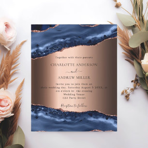 Navy Blue Agaat roos avond bruiloft uitnodiging