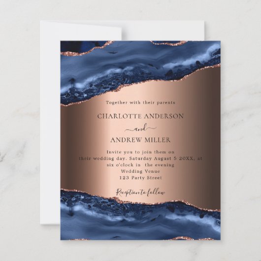 Navy Blue Agaat roos avond bruiloft uitnodiging (Voorkant)