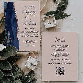 Navy Blue Agaat Roos Gold Blush QR Code Wedding Kaart