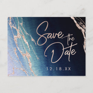 Navy Blue Agaat Roos Gold Wedding Save the Date Aankondigingskaart