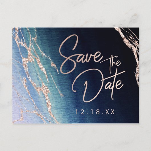 Navy Blue Agaat Roos Gold Wedding Save the Date Aankondigingskaart (Voorkant)
