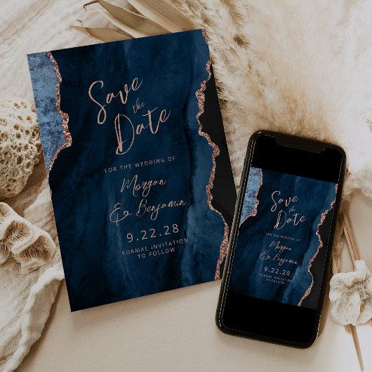 Navy Blue Agaat Roos Gold Wedding Save the Date Kaart
