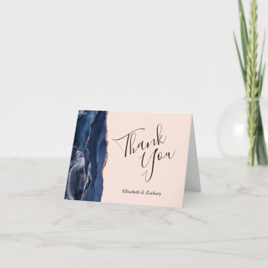 Navy Blue Agaat Roos Goud Blush Bruiloft Dank u Kaart (Voorkant)