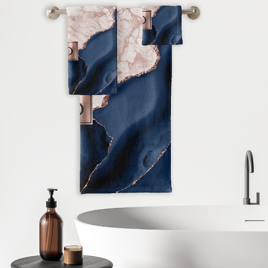 Navy Blue Agaat Roos Goud Marmer Monogram Bad Handdoek