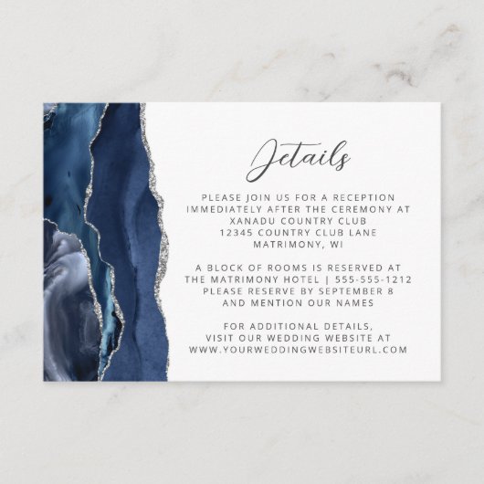 Navy Blue Agaat Silver Wedding Details Informatiekaartje (Voorkant)