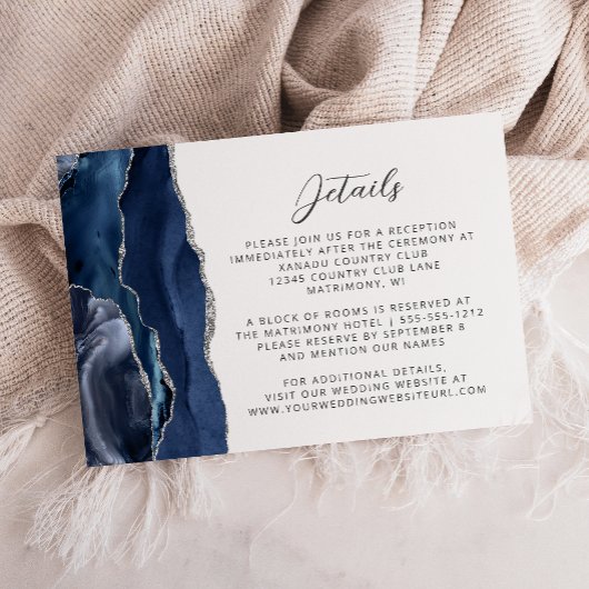 Navy Blue Agaat Silver Wedding Details Informatiekaartje