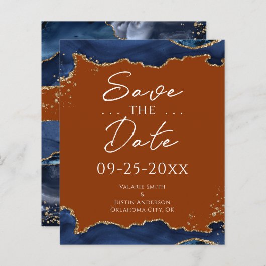 Navy Blue Agate Burnt Oranje Save the Date (Voorkant / Achterkant)