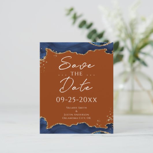 Navy Blue Agate Burnt Oranje Save the Date (Staand voorkant)