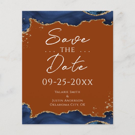 Navy Blue Agate Burnt Oranje Save the Date (Voorkant)