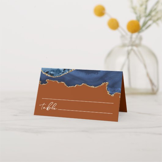 Navy Blue Agate Burnt Oranje Wedding Place Card Plaatskaartje (Achterkant)