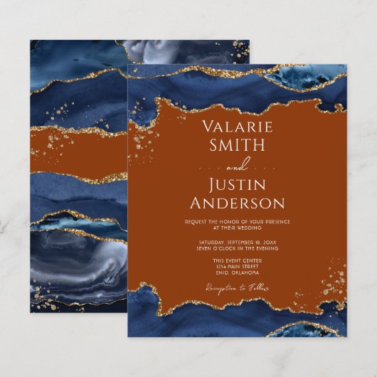 Navy Blue Agate Burnt Sinaasappel Wedding Invitati (Voorkant / Achterkant)