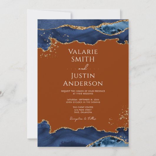 Navy Blue Agate Burnt Sinaasappel Wedding Invitati Kaart (Voorkant)