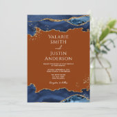 Navy Blue Agate Burnt Sinaasappel Wedding Invitati Kaart (Staand voorkant)
