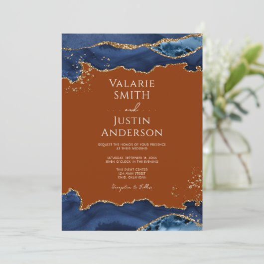 Navy Blue Agate Burnt Sinaasappel Wedding Invitati Kaart (Staand voorkant)