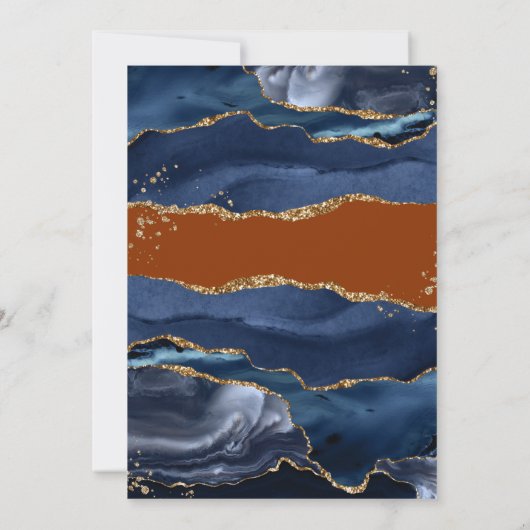 Navy Blue Agate Burnt Sinaasappel Wedding Invitati Kaart (Achterkant)