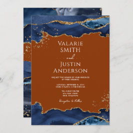 Navy Blue Agate Burnt Sinaasappel Wedding Invitati Kaart