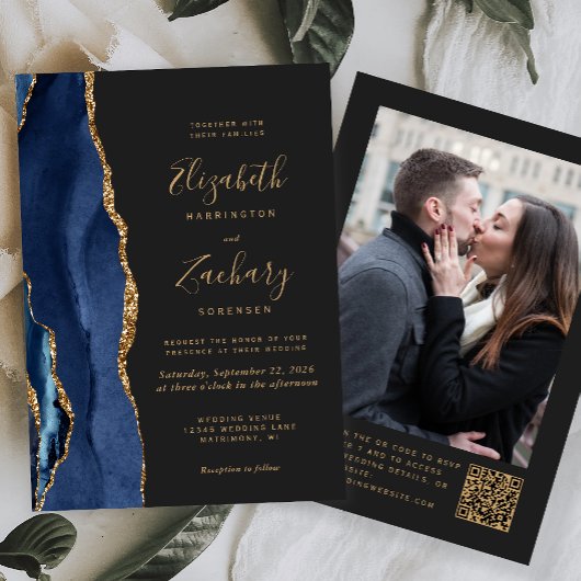 Navy Blue Agate Dark Photo QR Code Wedding Kaart