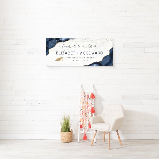 Navy Blue Agate Faux Gold Glitter Afstuderen Spandoek (Insitu)