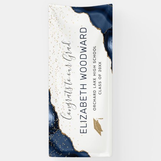 Navy Blue Agate Faux Gold Glitter Afstuderen Spandoek (Verticaal)