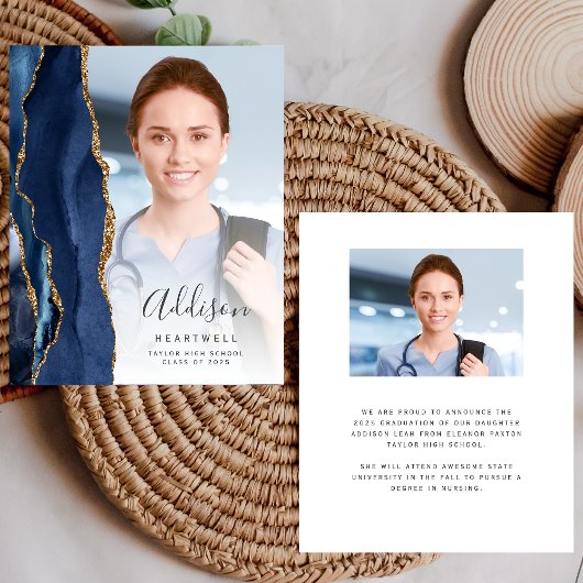 Navy Blue Agate Foto 2025 Afstuderen Aankondiging