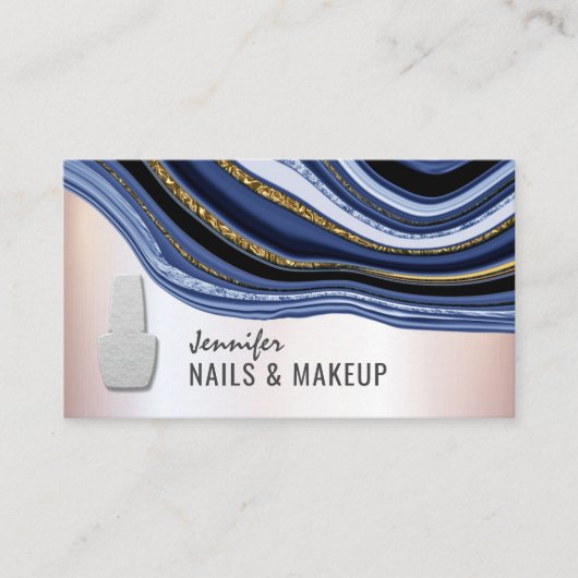 Navy blue agate geode chic metallic soft roze nage visitekaartje (Voorkant)