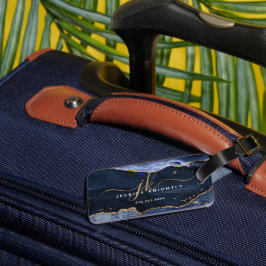 Navy Blue Agate Geode Gold Glitter Monogram Script Bagagelabel