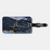 Navy Blue Agate Geode Gold Glitter Monogram Script Bagagelabel (Achterkant horizontaal)