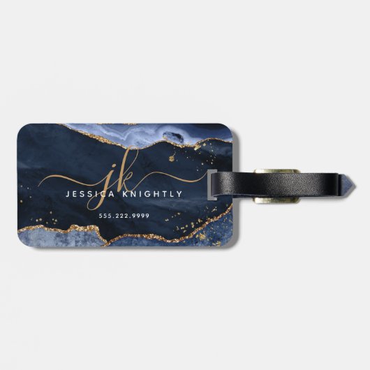 Navy Blue Agate Geode Gold Glitter Monogram Script Bagagelabel (Achterkant horizontaal)