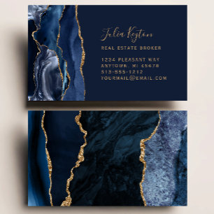Navy Blue Agate Geode Gold Glitter Real Estate Visitekaartje