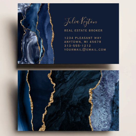 Navy Blue Agate Geode Gold Glitter Real Estate Visitekaartje