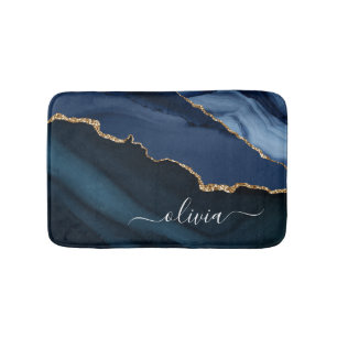 Navy Blue Agate Geode Gold Monogram Badmat
