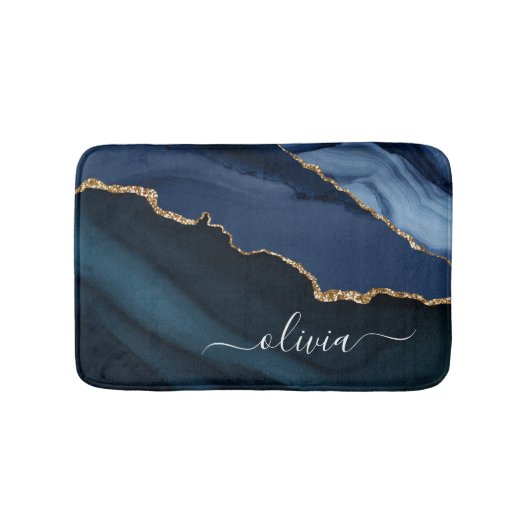 Navy Blue Agate Geode Gold Monogram Badmat (Voorkant)