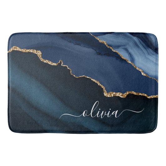 Navy Blue Agate Geode Gold Monogram Badmat (Voorkant)