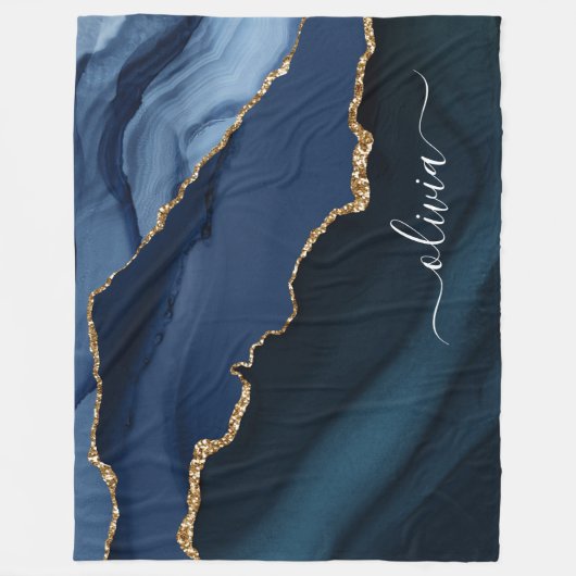Navy Blue Agate Geode Gold Monogram Fleece Deken (Voorkant)