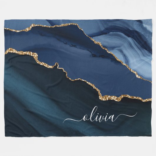 Navy Blue Agate Geode Gold Monogram Fleece Deken (Voorkant (Horizontaal))