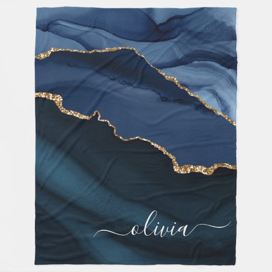 Navy Blue Agate Geode Gold Monogram Fleece Deken (Voorkant)