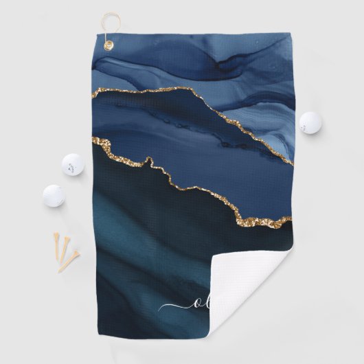 Navy Blue Agate Geode Gold Monogram Golfhanddoek (Insitu)