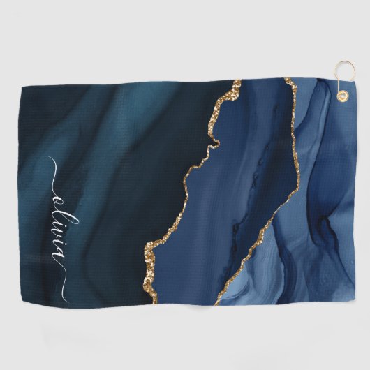 Navy Blue Agate Geode Gold Monogram Golfhanddoek (Horizontaal)