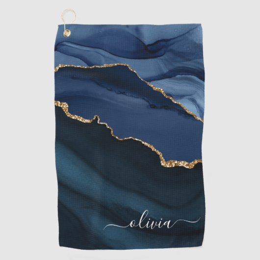 Navy Blue Agate Geode Gold Monogram Golfhanddoek (Voorkant)