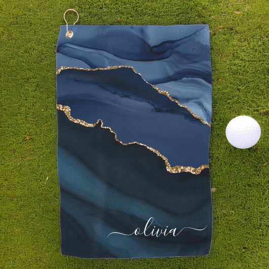 Navy Blue Agate Geode Gold Monogram Golfhanddoek