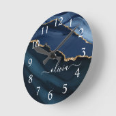 Navy Blue Agate Geode Gold Monogram Grote Klok (Hoek)