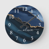 Navy Blue Agate Geode Gold Monogram Grote Klok (Voorkant)