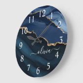 Navy Blue Agate Geode Gold Monogram Grote Klok (Hoek)