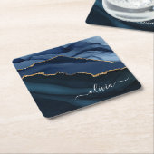 Navy Blue Agate Geode Gold Monogram Kartonnen Onderzetters (Schuin)