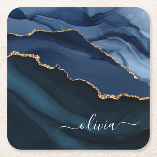 Navy Blue Agate Geode Gold Monogram Kartonnen Onderzetters (Voorkant)