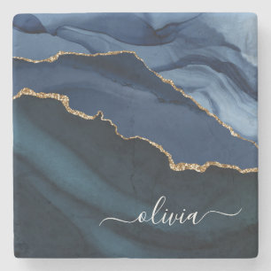 Navy Blue Agate Geode Gold Monogram Stenen Onderzetter