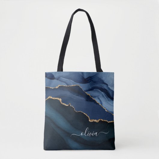 Navy Blue Agate Geode Gold Monogram Tote Bag (Voorkant)