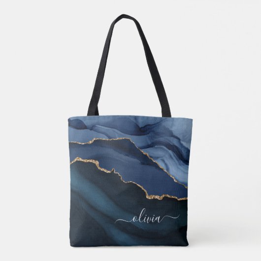 Navy Blue Agate Geode Gold Monogram Tote Bag (Achterkant)